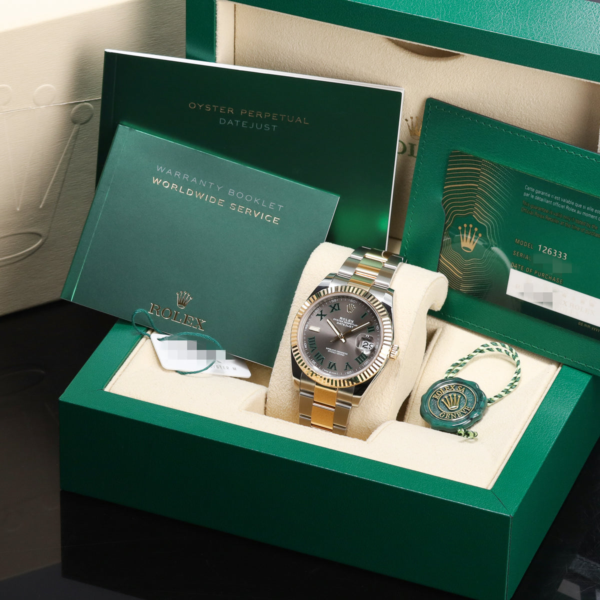 Rolex Datejust 2021 Complete 41mm Steel And Yellow Gold Slate Gray Dial With Green Roman Numerals Wimbledon Fluted Bezel Oyster Bracelet 126333