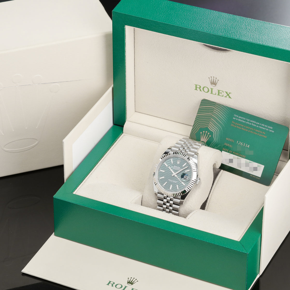 Rolex DateJust 2024 Complete 41mm Oystersteel Green Motif 18k White Gold Fluted Bezel Jubilee Bracelet 126334