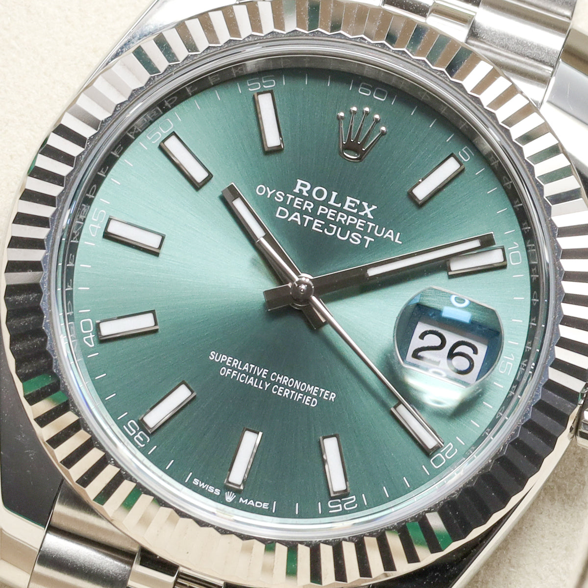 Rolex Datejust 2025 Complete 41mm Oystersteel Mint Green Dial 18k White Gold Fluted Bezel Jubilee Bracelet 126334