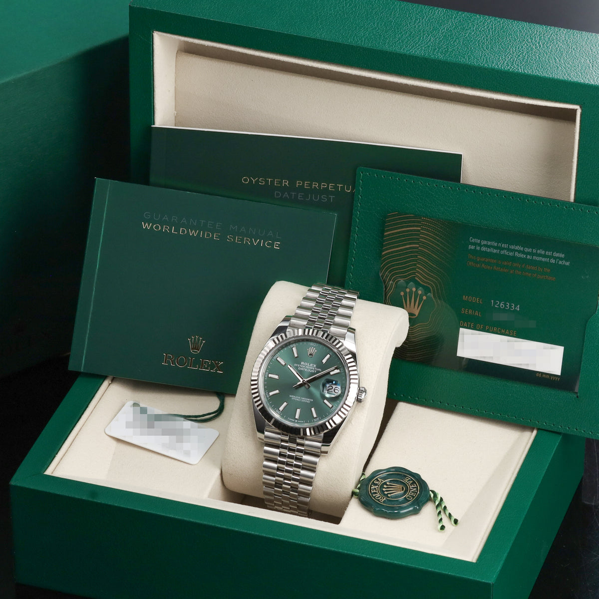 Rolex Datejust 2025 Complete 41mm Oystersteel Mint Green Dial 18k White Gold Fluted Bezel Jubilee Bracelet 126334