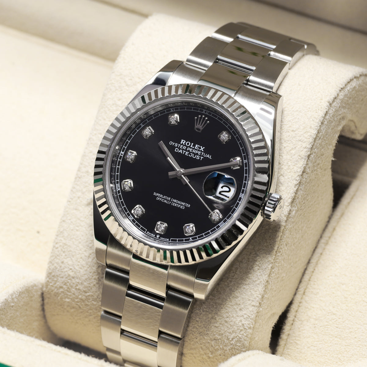 Rolex Datejust 41mm Oystersteel Black Diamond Hour Markers 18k White Gold Fluted Bezel Oyster Bracelet 126334