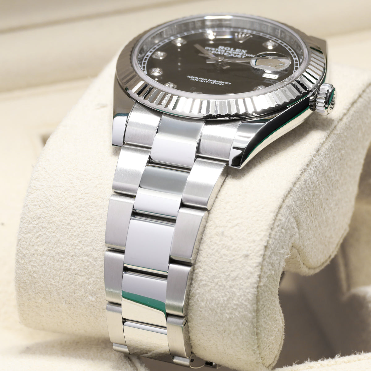 Rolex Datejust 41mm Oystersteel Black Diamond Hour Markers 18k White Gold Fluted Bezel Oyster Bracelet 126334