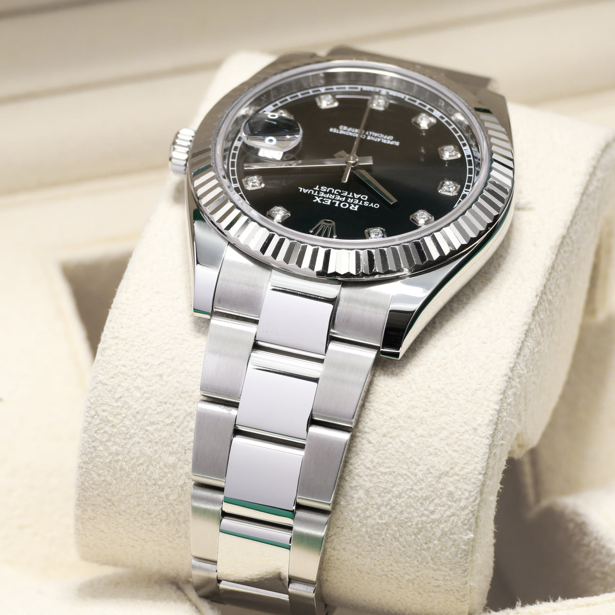 Rolex Datejust 41mm Oystersteel Black Diamond Hour Markers 18k White Gold Fluted Bezel Oyster Bracelet 126334