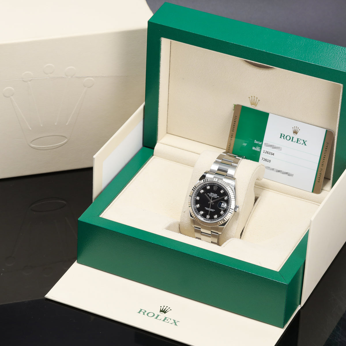 Rolex Datejust 41mm Oystersteel Black Diamond Hour Markers 18k White Gold Fluted Bezel Oyster Bracelet 126334