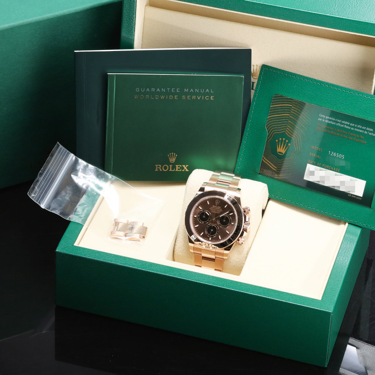 Rolex Daytona 2025 Complete 40mm Rose Gold Chocolate Dial 18k Everose Gold Bezel Oyster Bracelet 126505