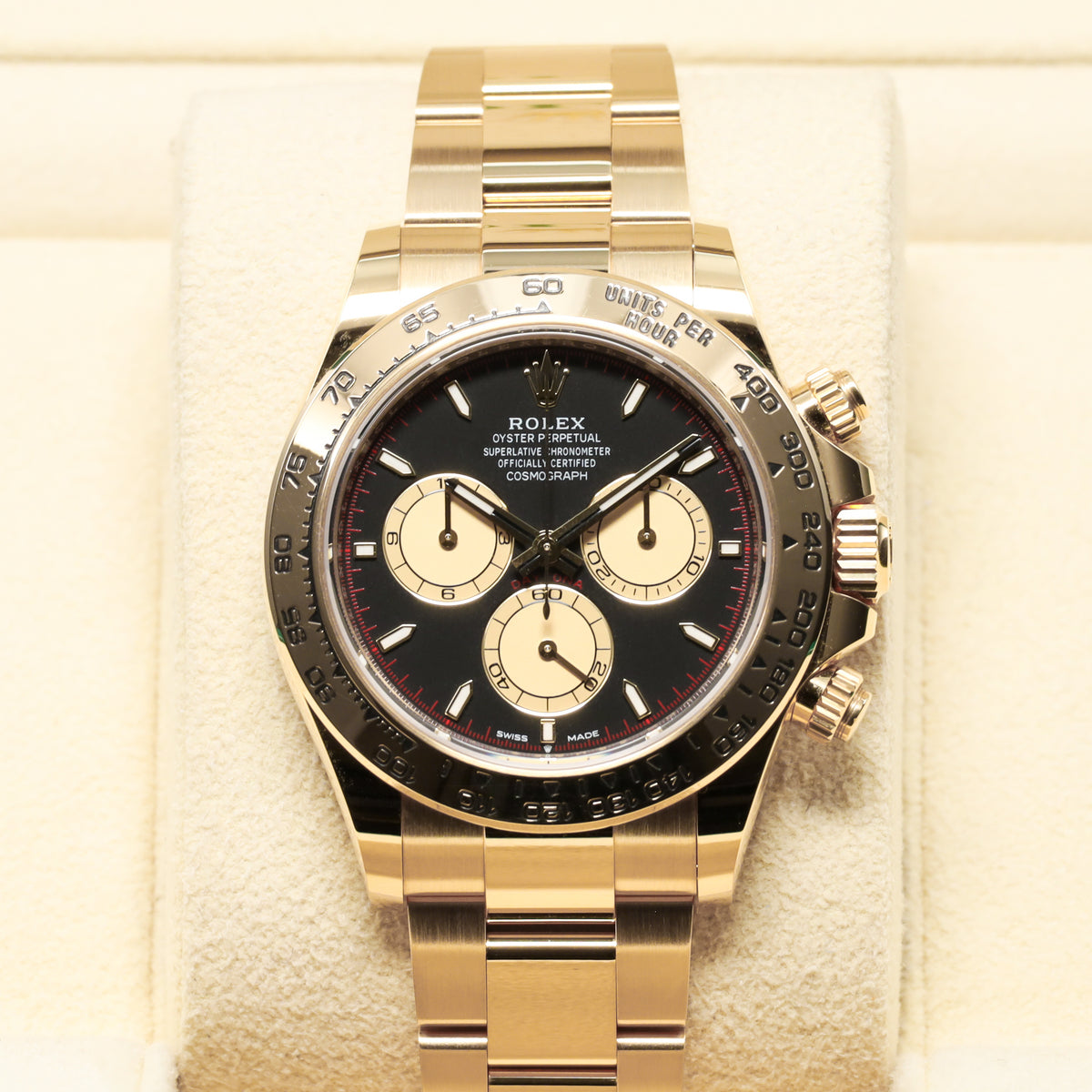 Rolex Daytona 2024 Complete 40mm 18K Yellow Gold Intense Black with Champagne Chronograph Counters Dial  Fixed 18K Yellow Gold Tachymeter Bezel 18K Yellow Gold Oyster Bracelet  126508