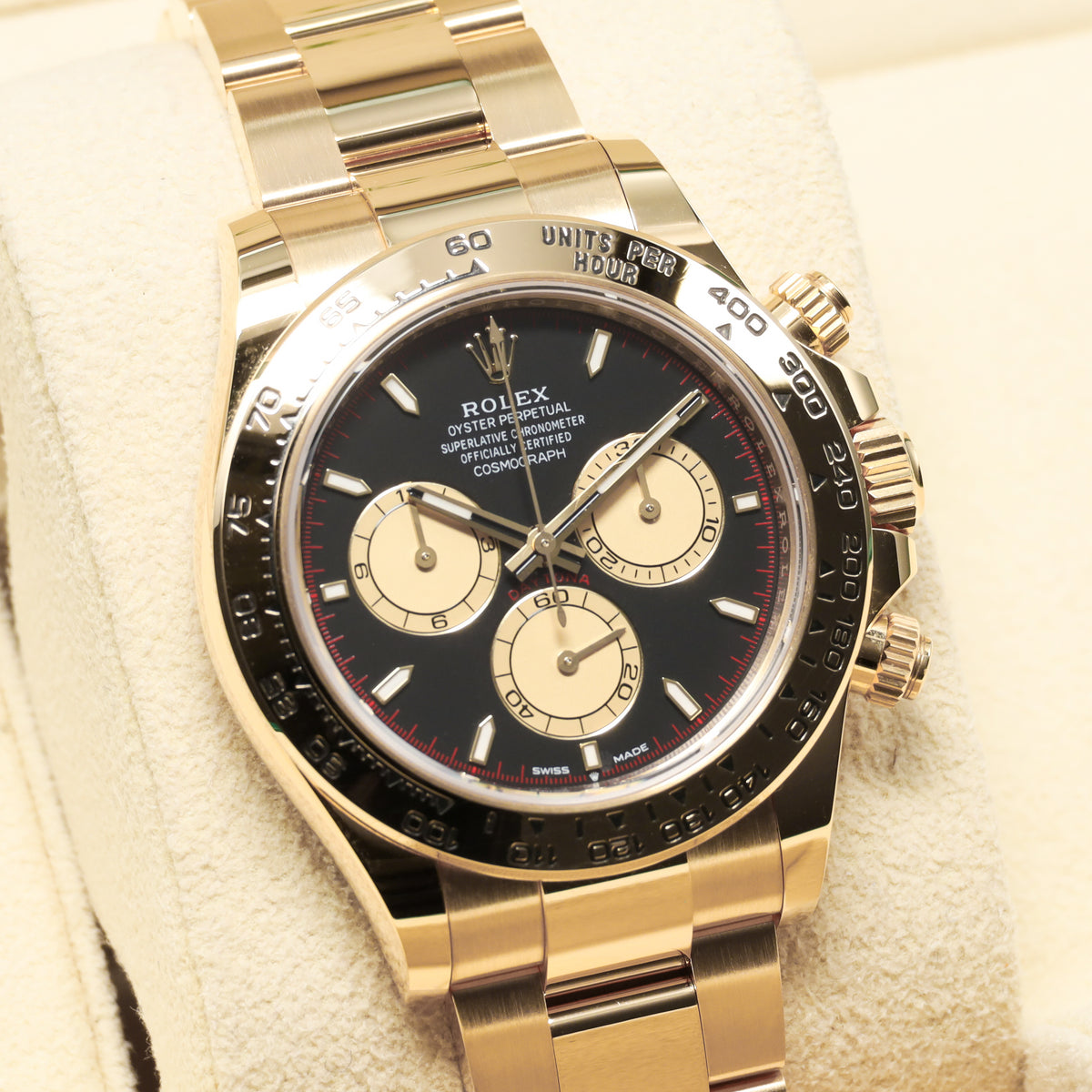 Rolex Daytona 2024 Complete 40mm 18K Yellow Gold Intense Black with Champagne Chronograph Counters Dial  Fixed 18K Yellow Gold Tachymeter Bezel 18K Yellow Gold Oyster Bracelet  126508