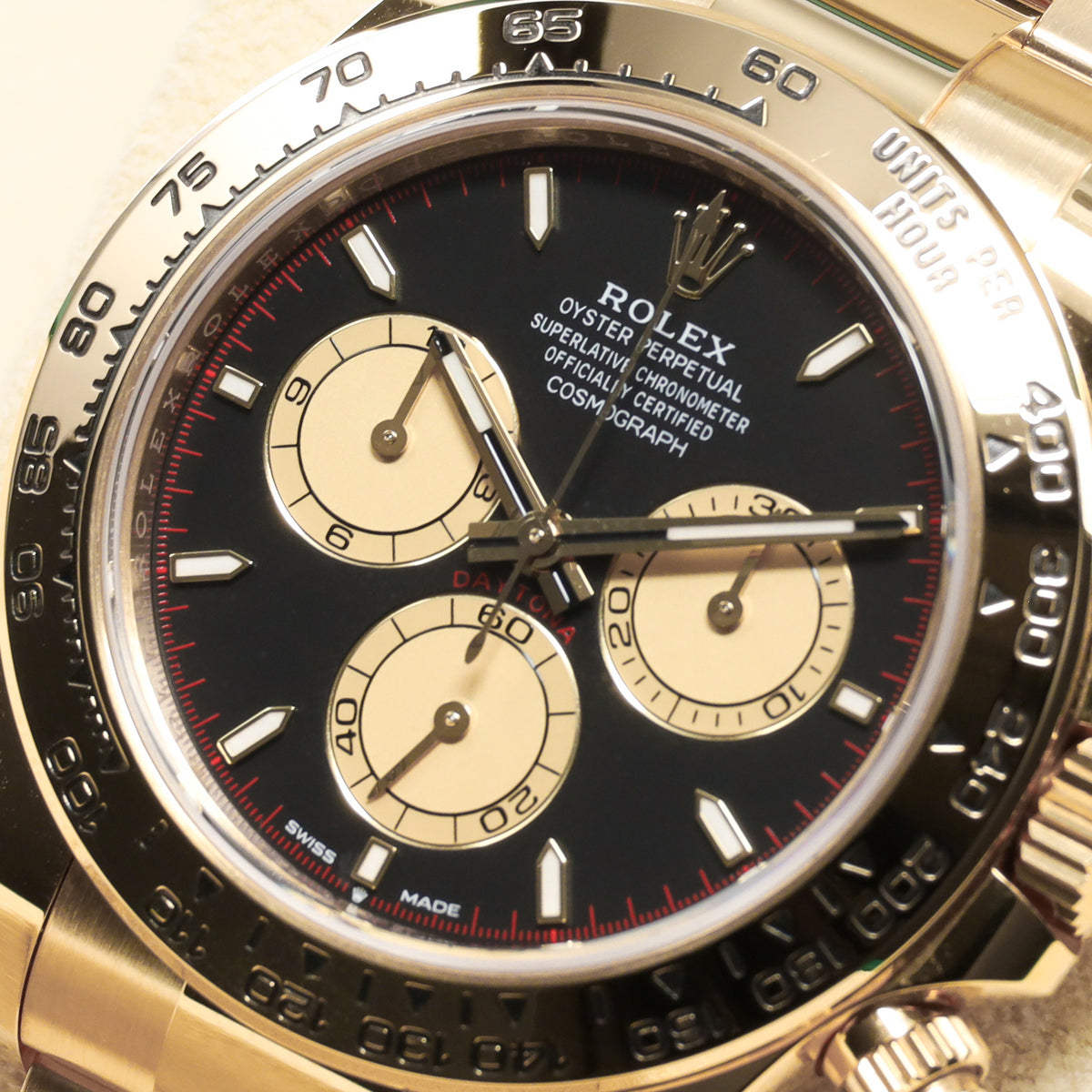Rolex Daytona 2024 Complete 40mm 18K Yellow Gold Intense Black with Champagne Chronograph Counters Dial  Fixed 18K Yellow Gold Tachymeter Bezel 18K Yellow Gold Oyster Bracelet  126508