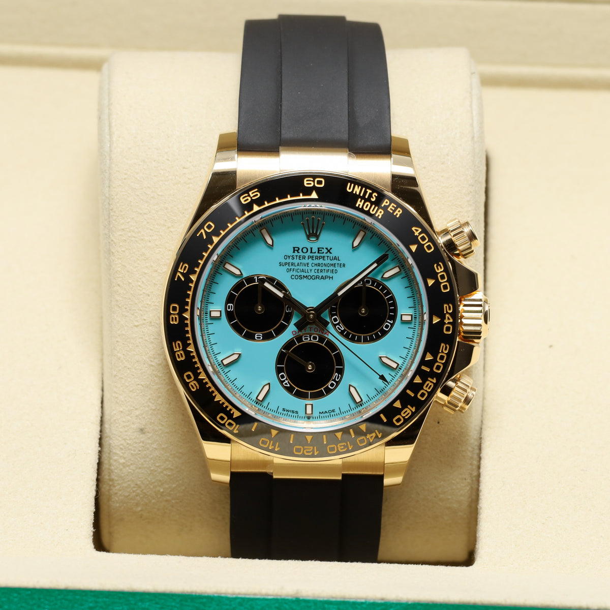 Rolex Daytona 2025 40mm Yellow Gold Case Tiffany Turquoise Dial Black Ceramic Oysterflex 126518LN