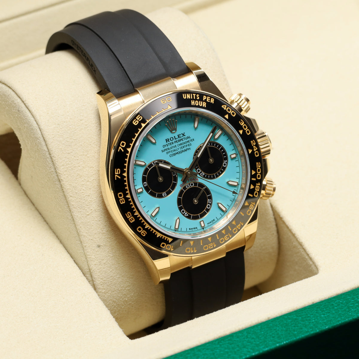 Rolex Daytona 2025 40mm Yellow Gold Case Tiffany Turquoise Dial Black Ceramic Oysterflex 126518LN