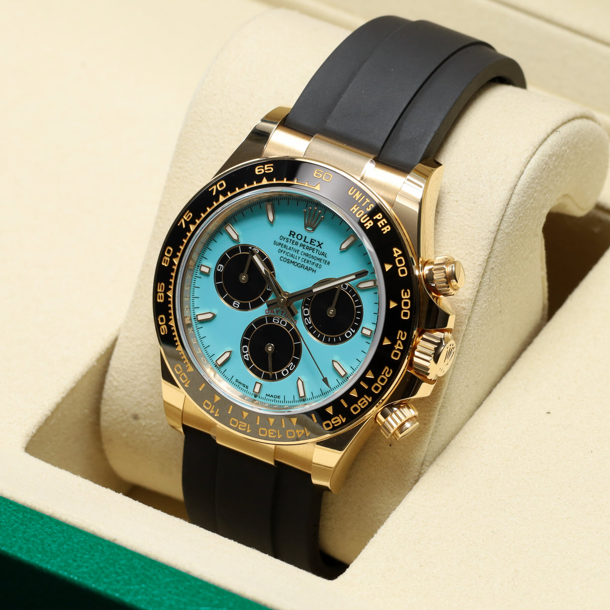 Rolex Daytona 2025 40mm Yellow Gold Case Tiffany Turquoise Dial Black Ceramic Oysterflex 126518LN