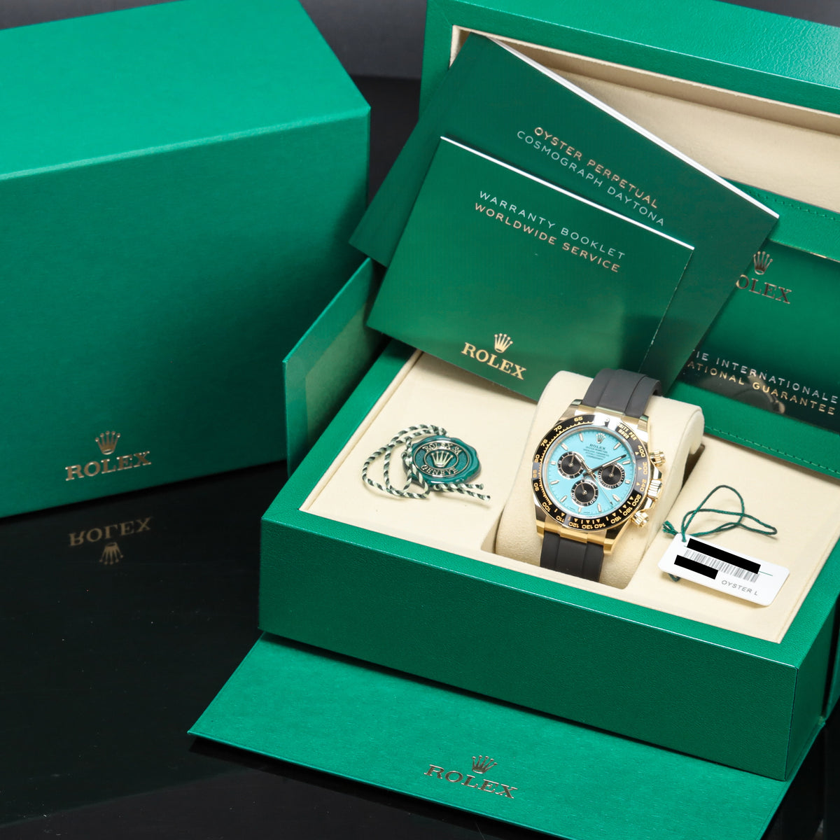 Rolex Daytona 2025 40mm Yellow Gold Case Tiffany Turquoise Dial Black Ceramic Oysterflex 126518LN
