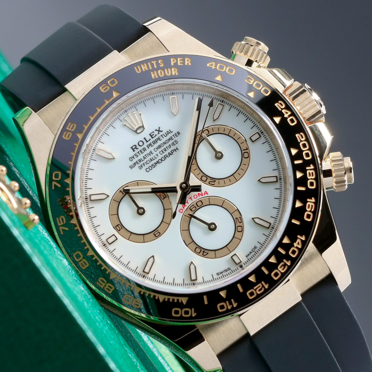 Rolex Daytona 2026 Complete 40mm 18k Yellow Gold White Dial Black Cerachrom Ceramic Tachymeter Bezel Oysterflex Bracelet 126518LN
