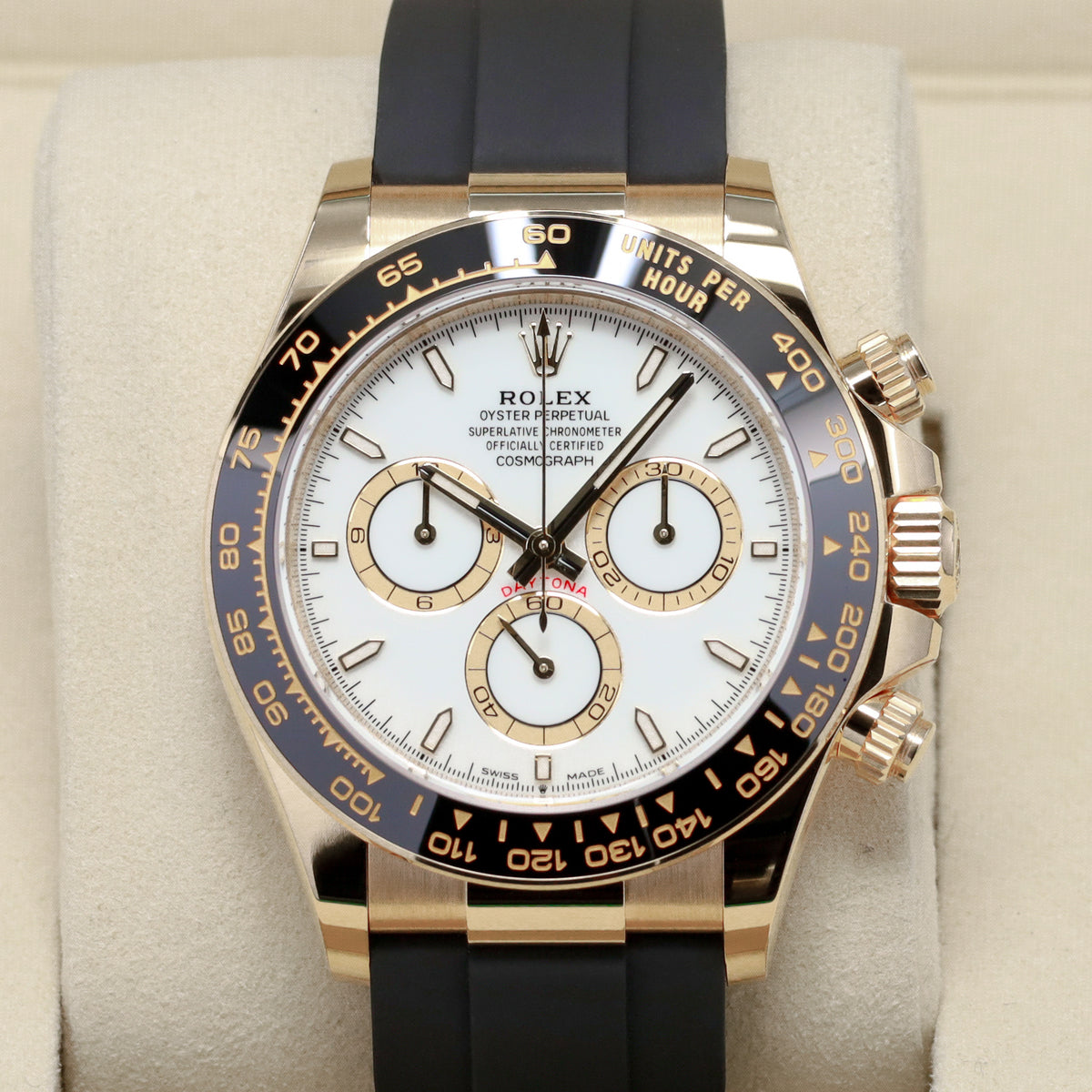 Rolex Daytona 2026 Complete 40mm 18k Yellow Gold White Dial Black Cerachrom Ceramic Tachymeter Bezel Oysterflex Bracelet 126518LN