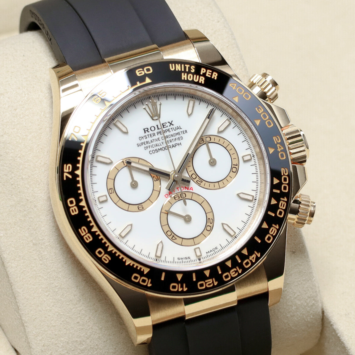 Rolex Daytona 2026 Complete 40mm 18k Yellow Gold White Dial Black Cerachrom Ceramic Tachymeter Bezel Oysterflex Bracelet 126518LN