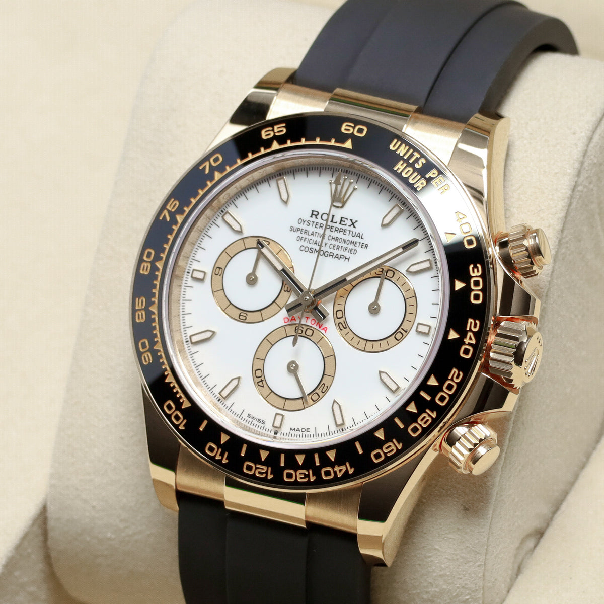 Rolex Daytona 2026 Complete 40mm 18k Yellow Gold White Dial Black Cerachrom Ceramic Tachymeter Bezel Oysterflex Bracelet 126518LN