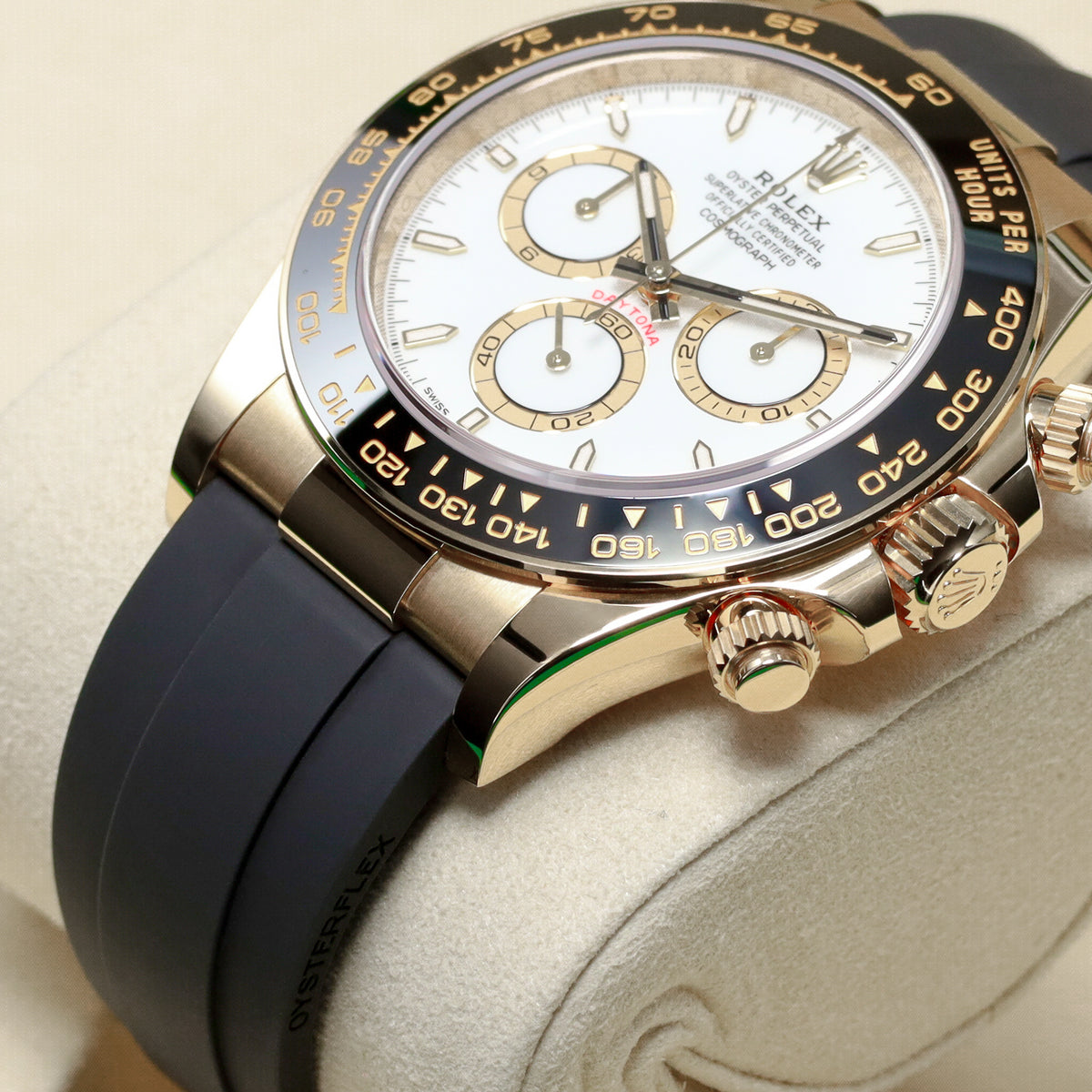 Rolex Daytona 2026 Complete 40mm 18k Yellow Gold White Dial Black Cerachrom Ceramic Tachymeter Bezel Oysterflex Bracelet 126518LN