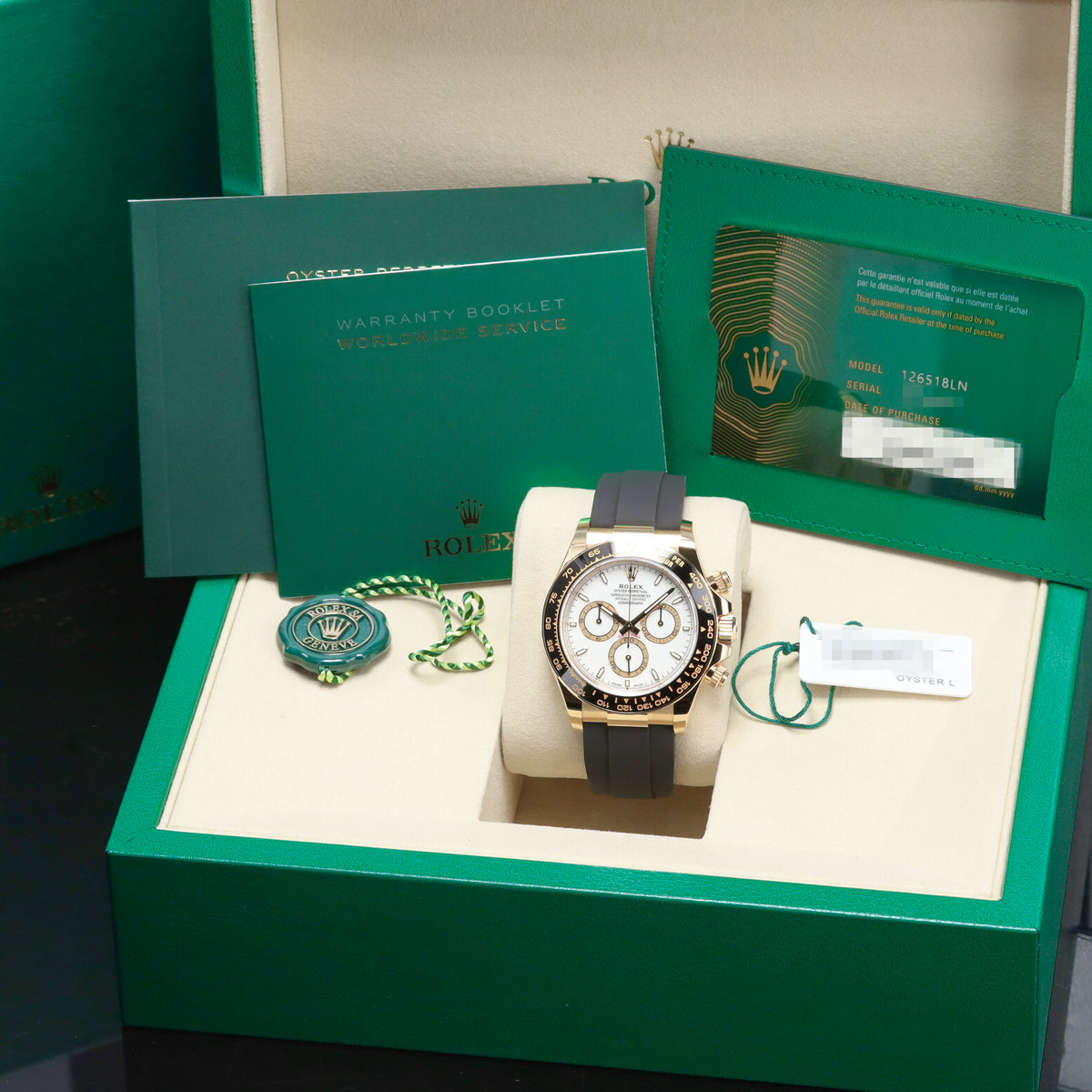 Rolex Daytona 2026 Complete 40mm 18k Yellow Gold White Dial Black Cerachrom Ceramic Tachymeter Bezel Oysterflex Bracelet 126518LN