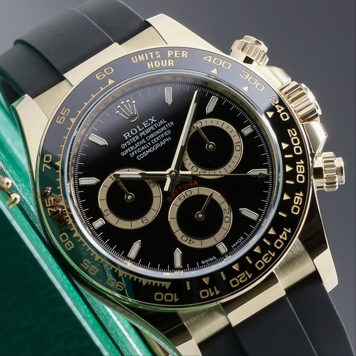 Rolex Daytona 2026 Complete 40mm 18k Yellow Gold Black with Yellow Gold Sub-Dials Black Cerachrom Ceramic Bezel Oysterflex Rubber Bracelet 126518LN