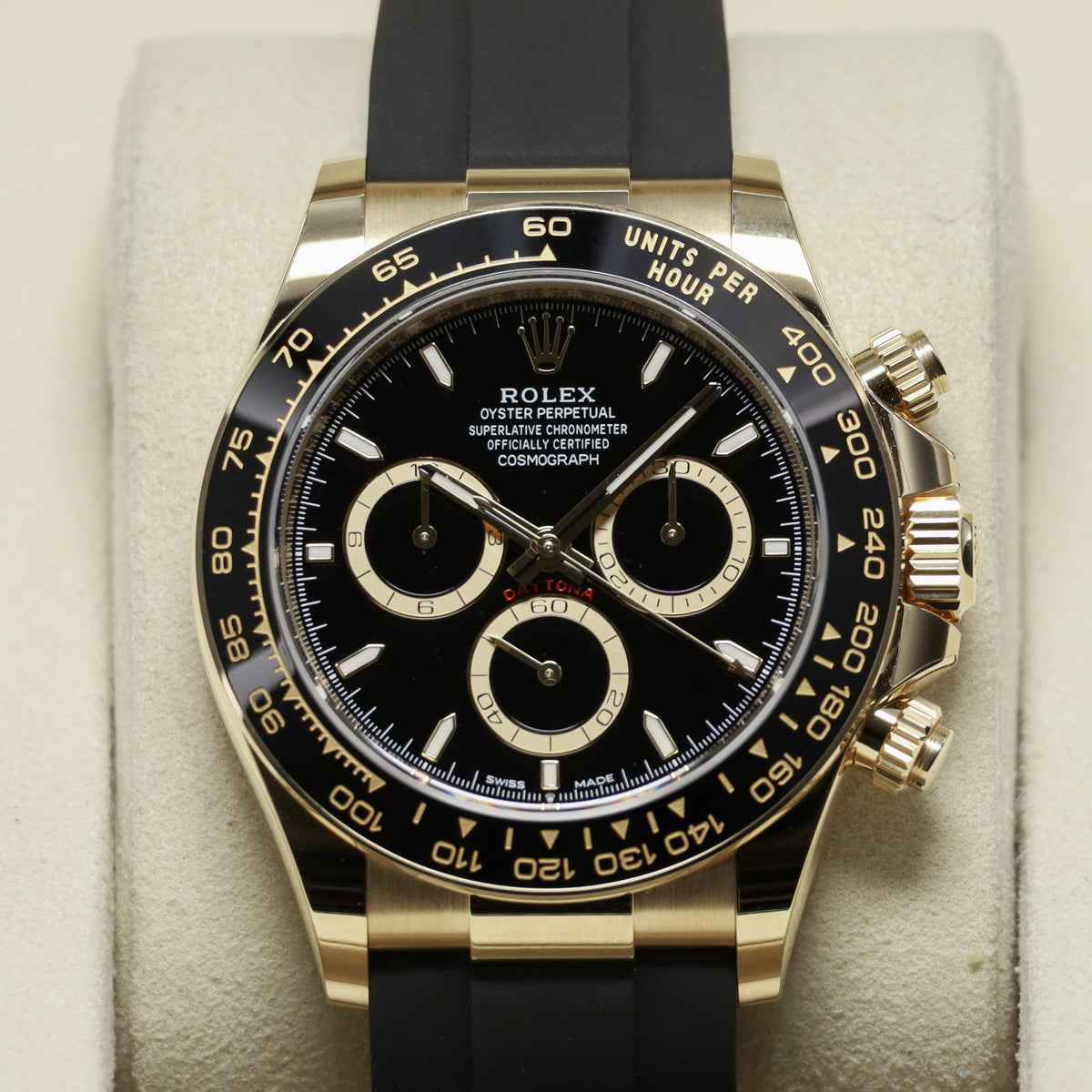 Rolex Daytona 2026 Complete 40mm 18k Yellow Gold Black with Yellow Gold Sub-Dials Black Cerachrom Ceramic Bezel Oysterflex Rubber Bracelet 126518LN
