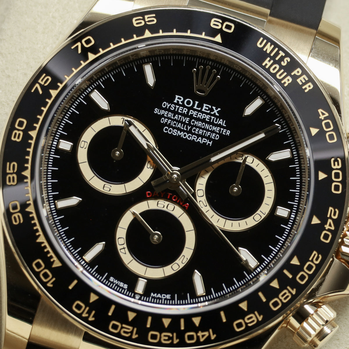 Rolex Daytona 2026 Complete 40mm 18k Yellow Gold Black with Yellow Gold Sub-Dials Black Cerachrom Ceramic Bezel Oysterflex Rubber Bracelet 126518LN