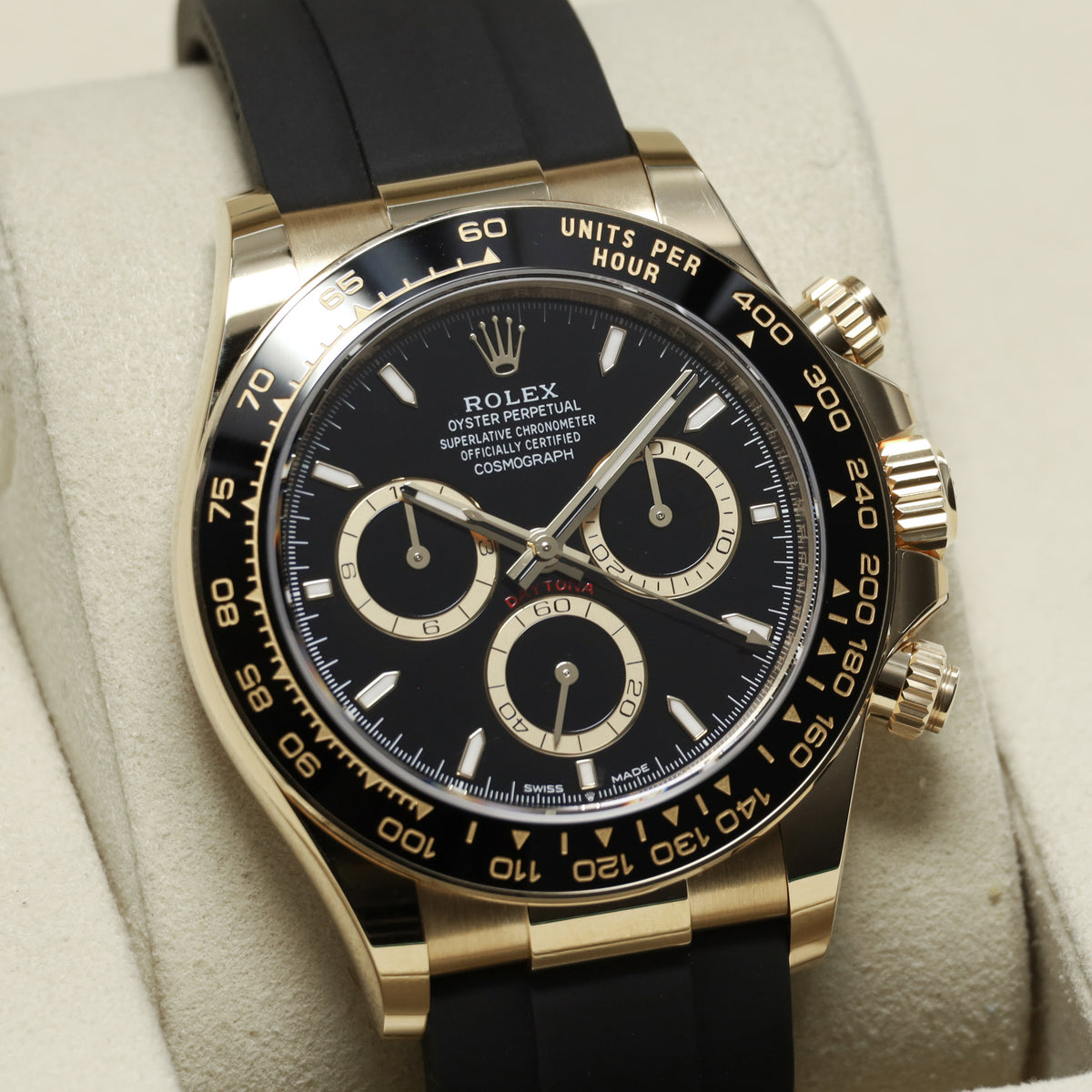 Rolex Daytona 2026 Complete 40mm 18k Yellow Gold Black with Yellow Gold Sub-Dials Black Cerachrom Ceramic Bezel Oysterflex Rubber Bracelet 126518LN