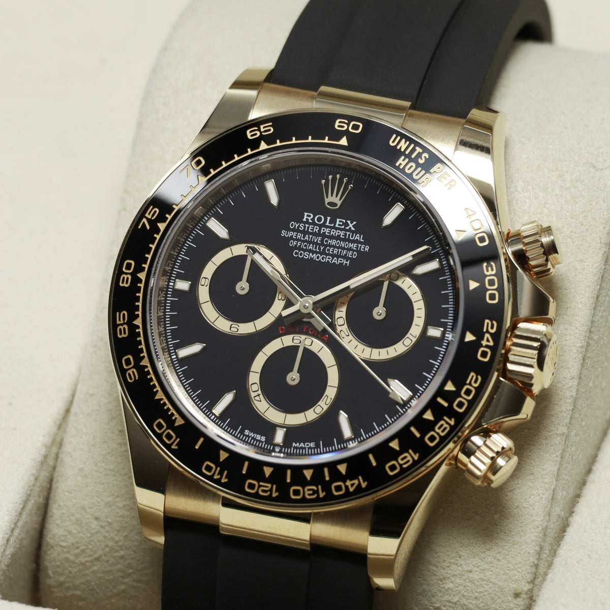 Rolex Daytona 2026 Complete 40mm 18k Yellow Gold Black with Yellow Gold Sub-Dials Black Cerachrom Ceramic Bezel Oysterflex Rubber Bracelet 126518LN