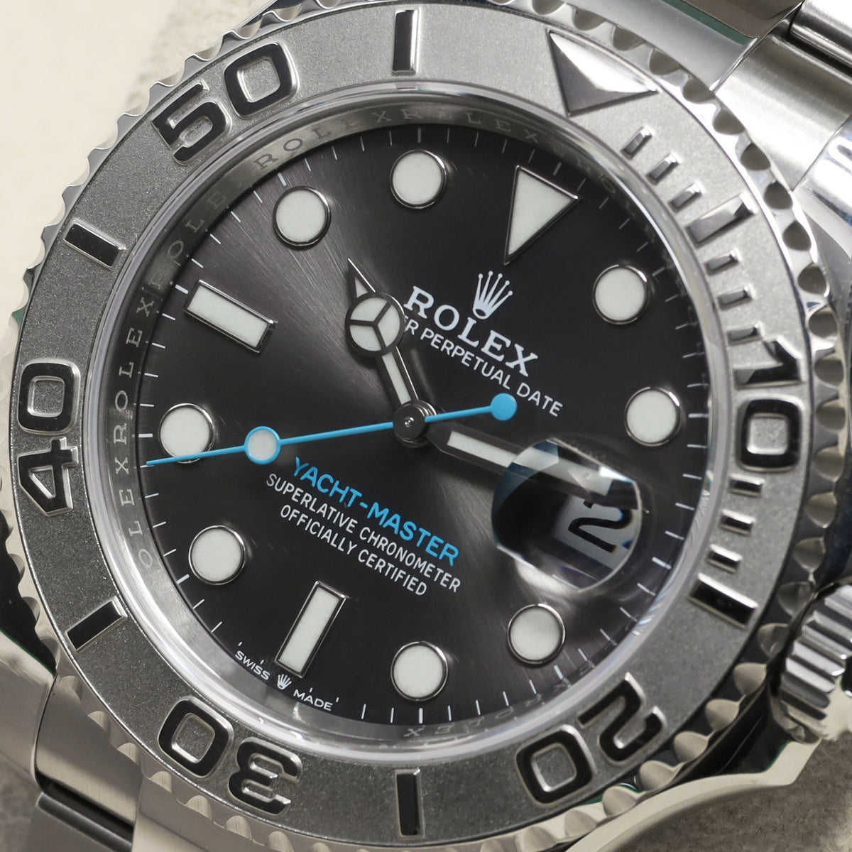 Rolex Yacht Master II 2020 Complete 40mm Oystersteel and Platinum Slate / Rhodium with Blue Accents Dial Solid Platinum Bidirectional Rotating Bezel Oyster Bracelet with Oysterlock Clasp and Easylink Extension 126622