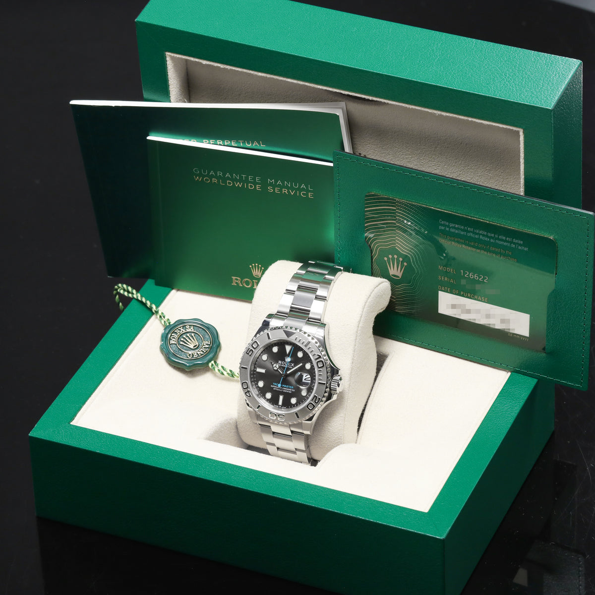 Rolex Yacht Master II 2020 Complete 40mm Oystersteel and Platinum Slate / Rhodium with Blue Accents Dial Solid Platinum Bidirectional Rotating Bezel Oyster Bracelet with Oysterlock Clasp and Easylink Extension 126622