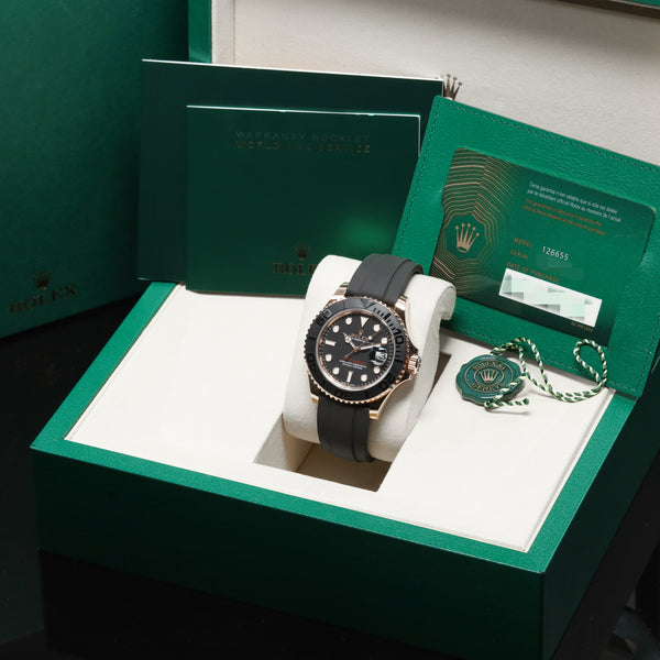 Rolex Yacht-Master 40 Complete 40mm 18K Everose Gold Intense Black Dial Matte Black Cerachrom Ceramic with 18K Everose Gold Black Oysterflex Bracelet with 18K Everose Gold Oysterlock Folding Clasp 126655
