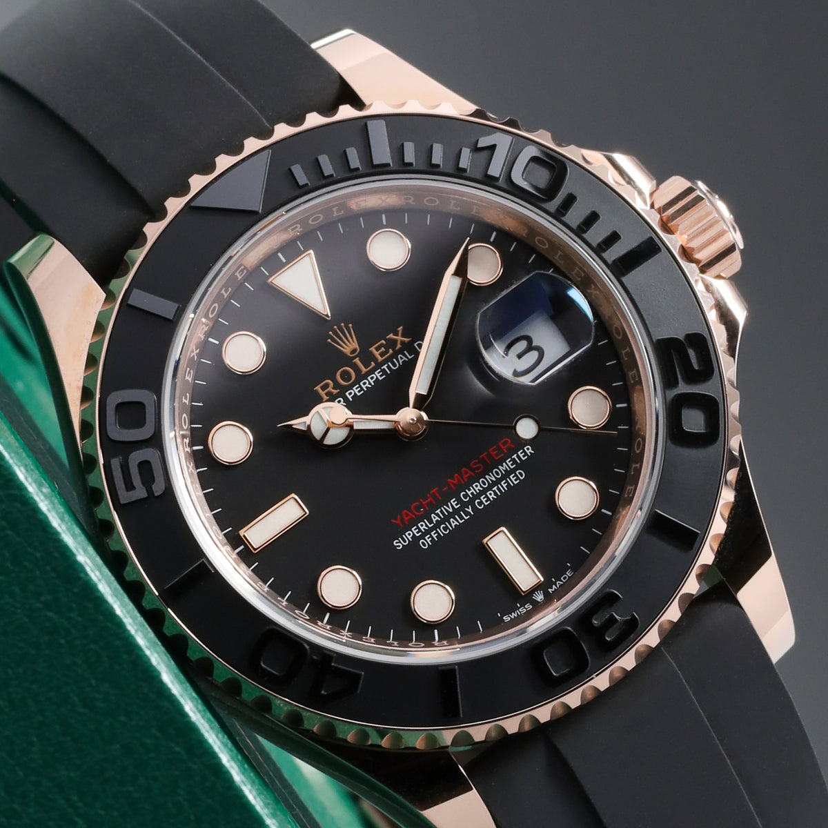 Rolex Yacht-Master 40 Complete 40mm 18K Everose Gold Intense Black Dial Matte Black Cerachrom Ceramic with 18K Everose Gold Black Oysterflex Bracelet with 18K Everose Gold Oysterlock Folding Clasp 126655