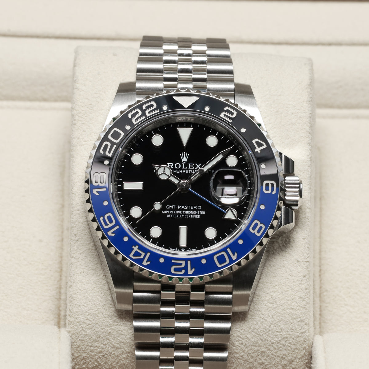 Rolex GMT Master II 2019 “Batgirl” Complete 40mm Oystersteel Black Dial Black and Blue Cerachrom GMT Bezel Oystersteel Jubilee Bracelet with Oysterlock Clasp 126710BLNR