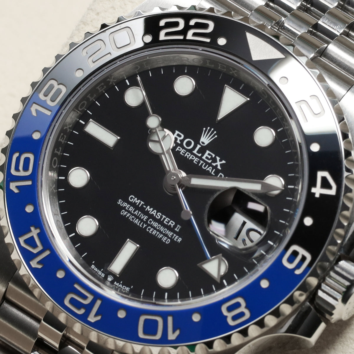 Rolex GMT Master II 2019 “Batgirl” Complete 40mm Oystersteel Black Dial Black and Blue Cerachrom GMT Bezel Oystersteel Jubilee Bracelet with Oysterlock Clasp 126710BLNR