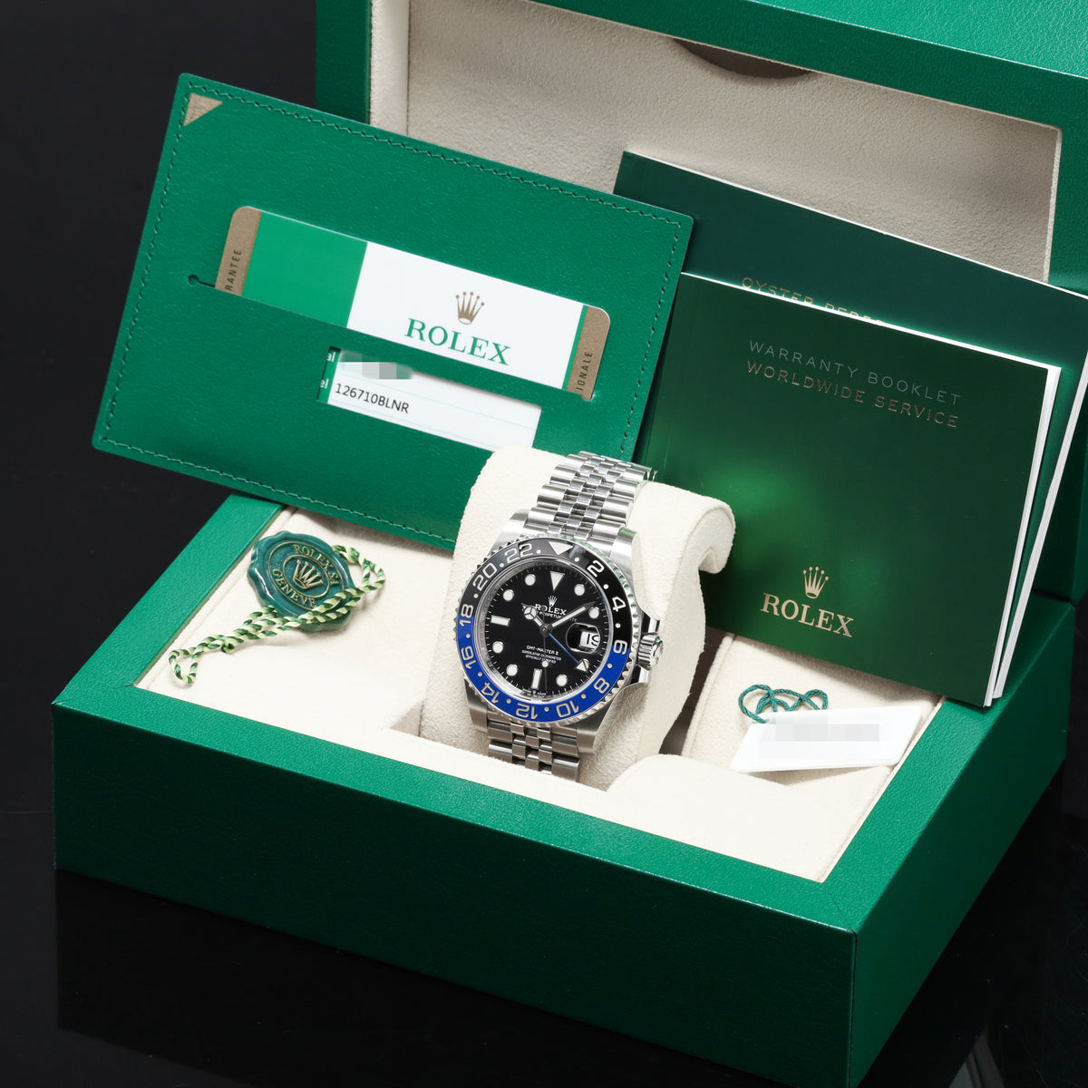 Rolex GMT Master II 2019 “Batgirl” Complete 40mm Oystersteel Black Dial Black and Blue Cerachrom GMT Bezel Oystersteel Jubilee Bracelet with Oysterlock Clasp 126710BLNR