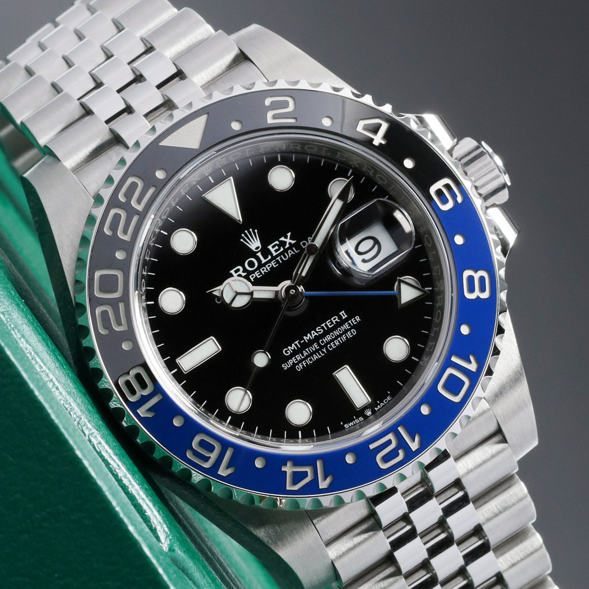Rolex GMT Master II 2019 “Batgirl” Complete 40mm Oystersteel Black Dial Black and Blue Cerachrom GMT Bezel Oystersteel Jubilee Bracelet with Oysterlock Clasp 126710BLNR