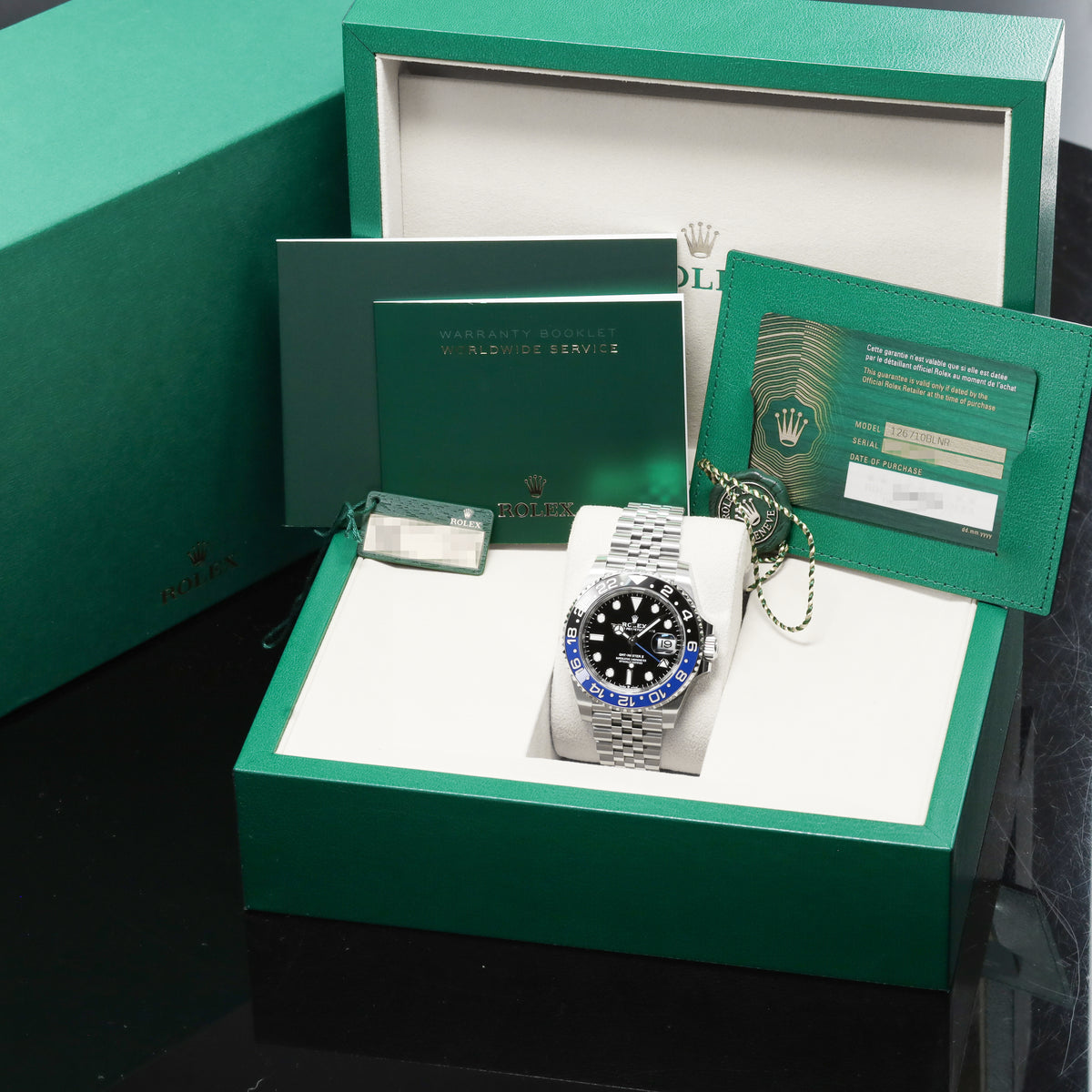 Rolex GMT Master II "Bat Girl" 2026 Complete 40mm  Oystersteel (Stainless Steel)  Black Dial Bidirectional Rotating Blue and Black Cerachrom Ceramic Bezel  Oystersteel Jubilee Bracelet with Oysterlock Safety Clasp 126710BLNR