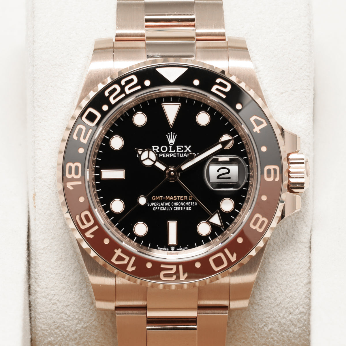 Rolex GMT Master II Complete 40mm 18K Everose Gold Black Dial Brown & Black Cerachrom Ceramic with 18K Everose Gold Bezel 18K Everose Gold Oyster Bracelet 126715CHNR