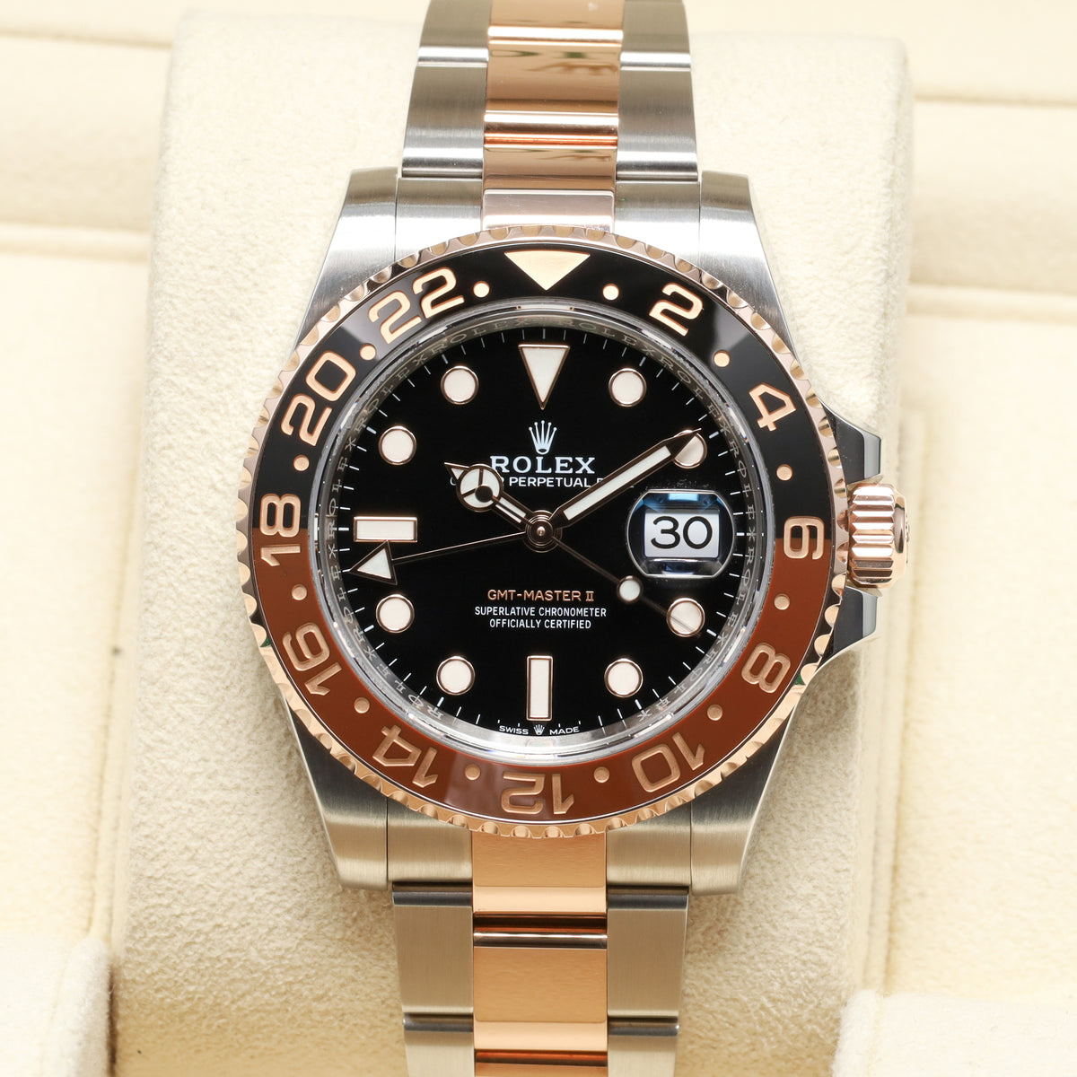 Rolex GMT Master II Rootbeer 2022 Complete 40mm Oystersteel 18k Everose Gold Black Dial Brown Black Cerachrom Two-tone Oyster Bracelet 126711CHNR