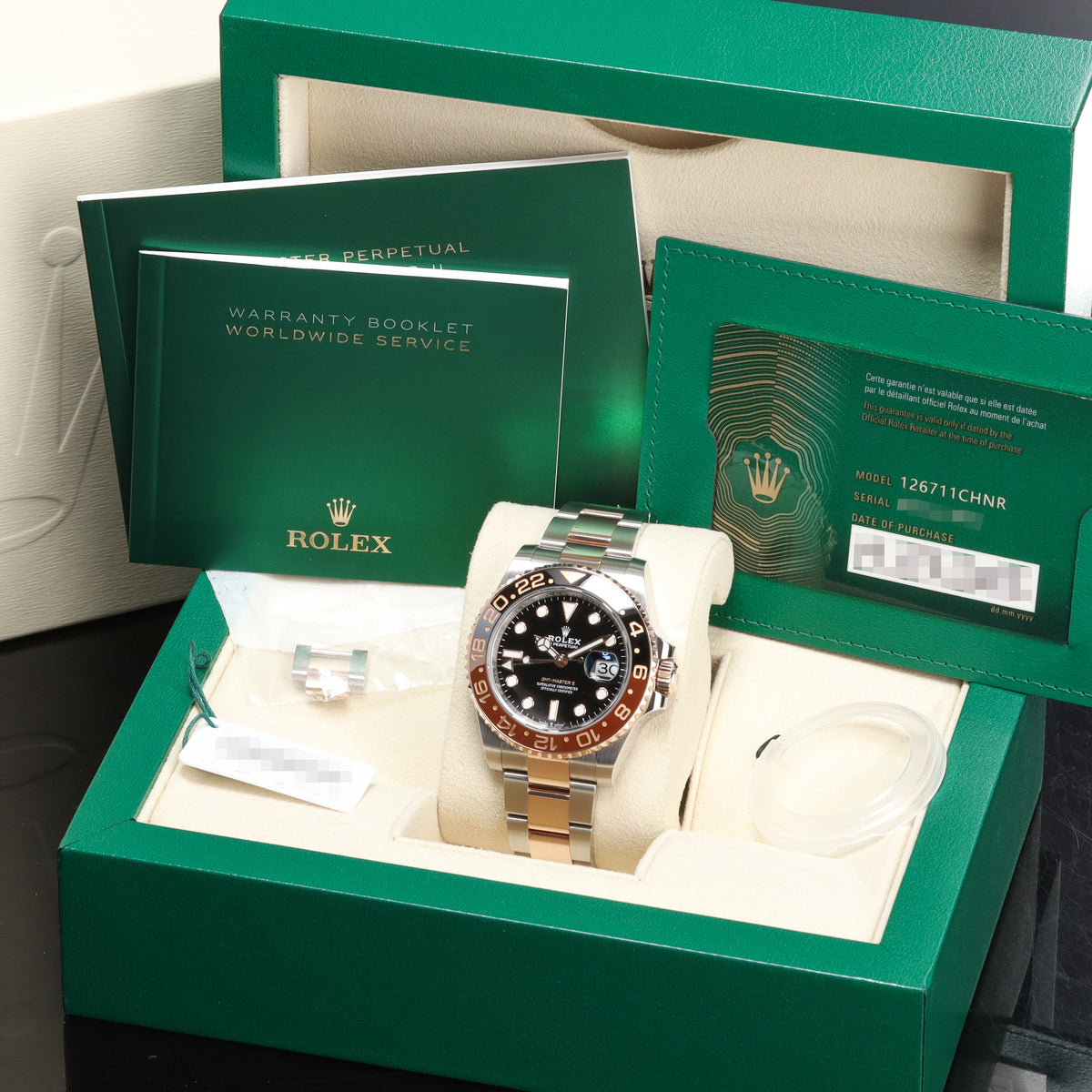 Rolex GMT Master II Rootbeer 2022 Complete 40mm Oystersteel 18k Everose Gold Black Dial Brown Black Cerachrom Two-tone Oyster Bracelet 126711CHNR