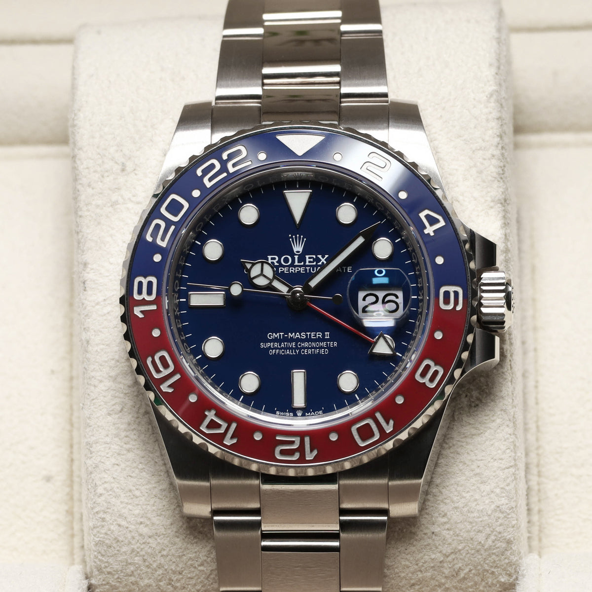 Rolex GMT Master II Complete 40mm 18k White Gold Blue Dial Red and Blue Cerachrom Ceramic Bezel 18k White Gold Oyster Bracelet 126719BLRO