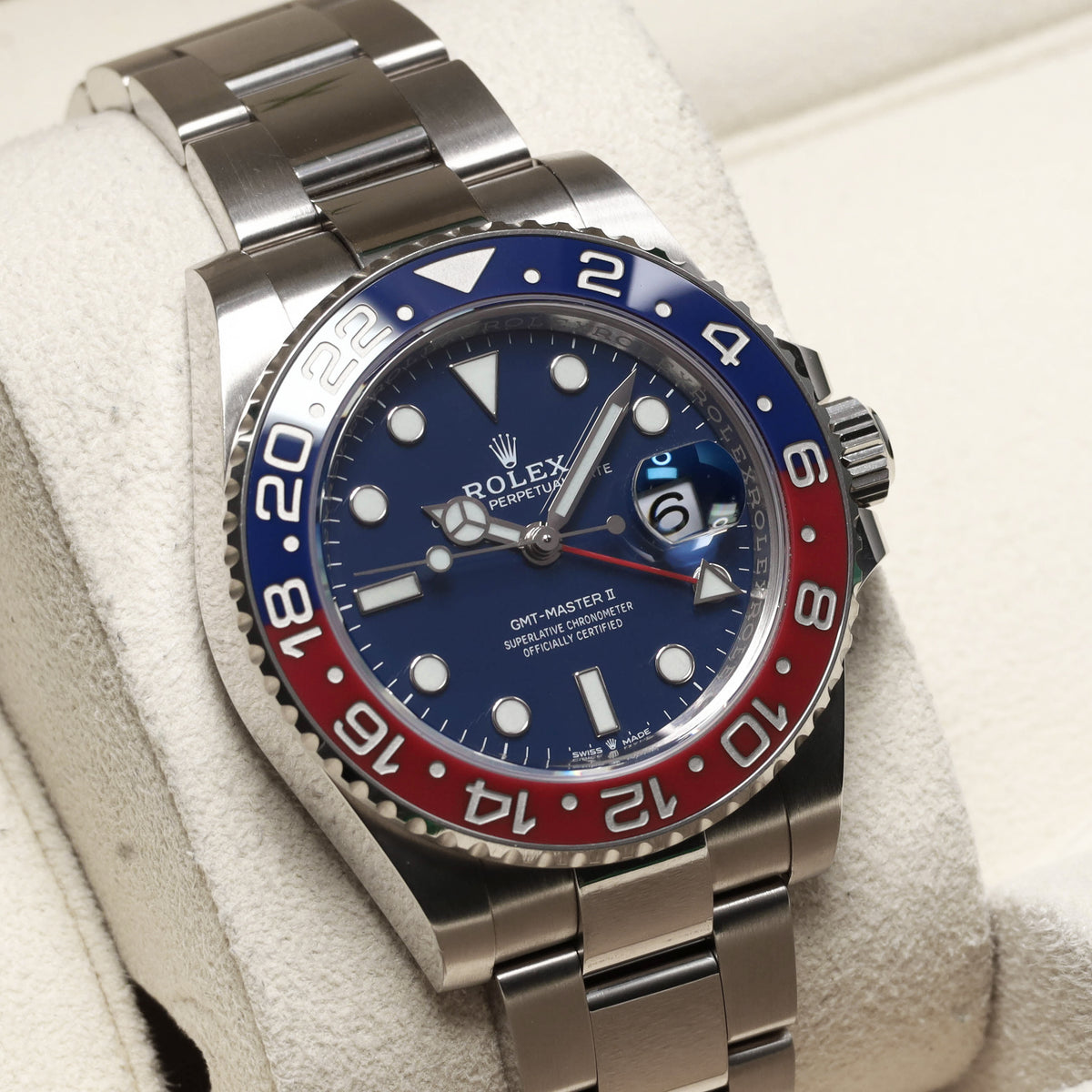 Rolex GMT Master II Complete 40mm 18k White Gold Blue Dial Red and Blue Cerachrom Ceramic Bezel 18k White Gold Oyster Bracelet 126719BLRO