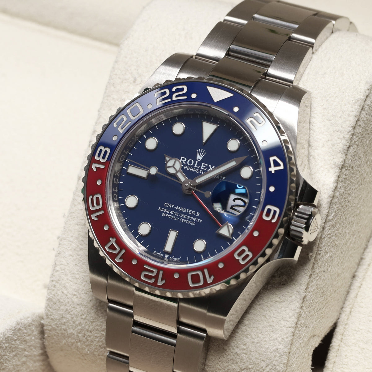 Rolex GMT Master II Complete 40mm 18k White Gold Blue Dial Red and Blue Cerachrom Ceramic Bezel 18k White Gold Oyster Bracelet 126719BLRO
