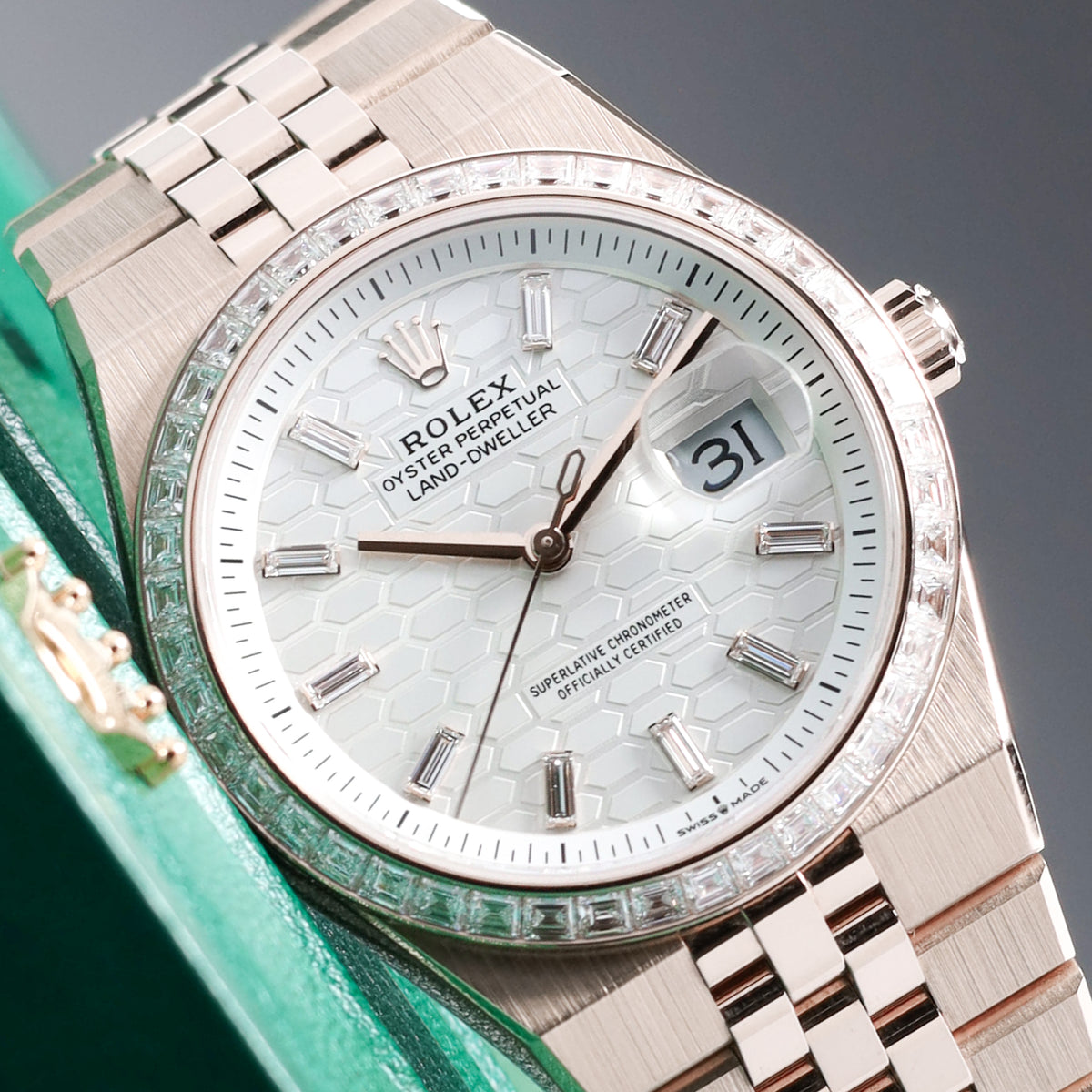 Rolex Land Dweller 2026 Complete 36mm 18k Rose Gold White Honeycomb Baguette Diamond Dial Diamond Bezel Jubilee Bracelet 127285TBR