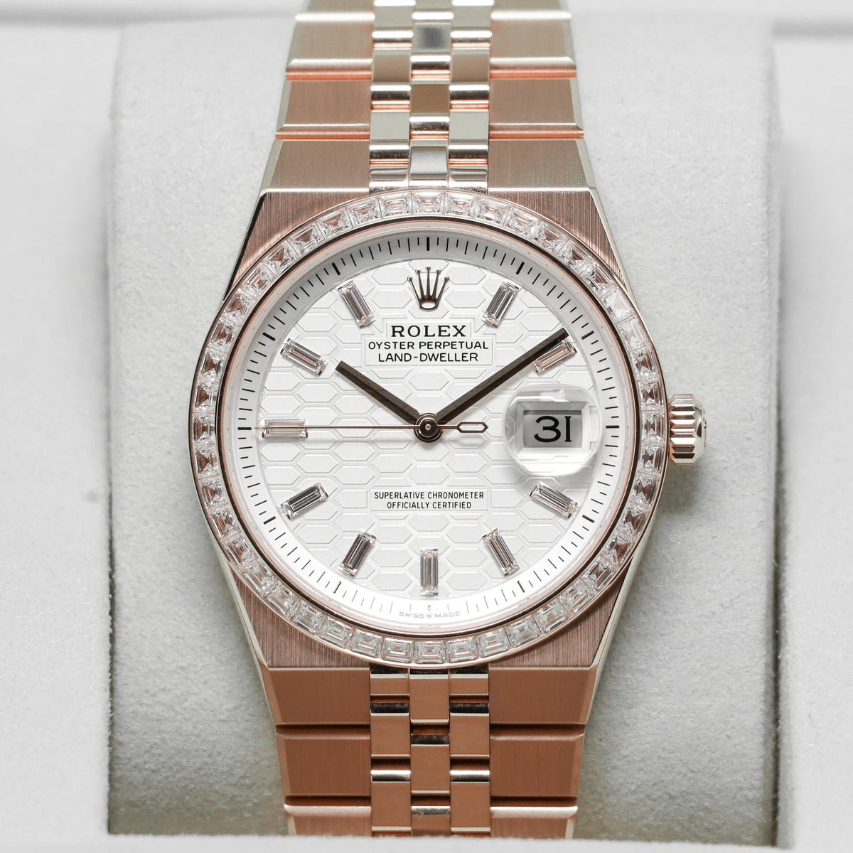 Rolex Land Dweller 2026 Complete 36mm 18k Rose Gold White Honeycomb Baguette Diamond Dial Diamond Bezel Jubilee Bracelet 127285TBR
