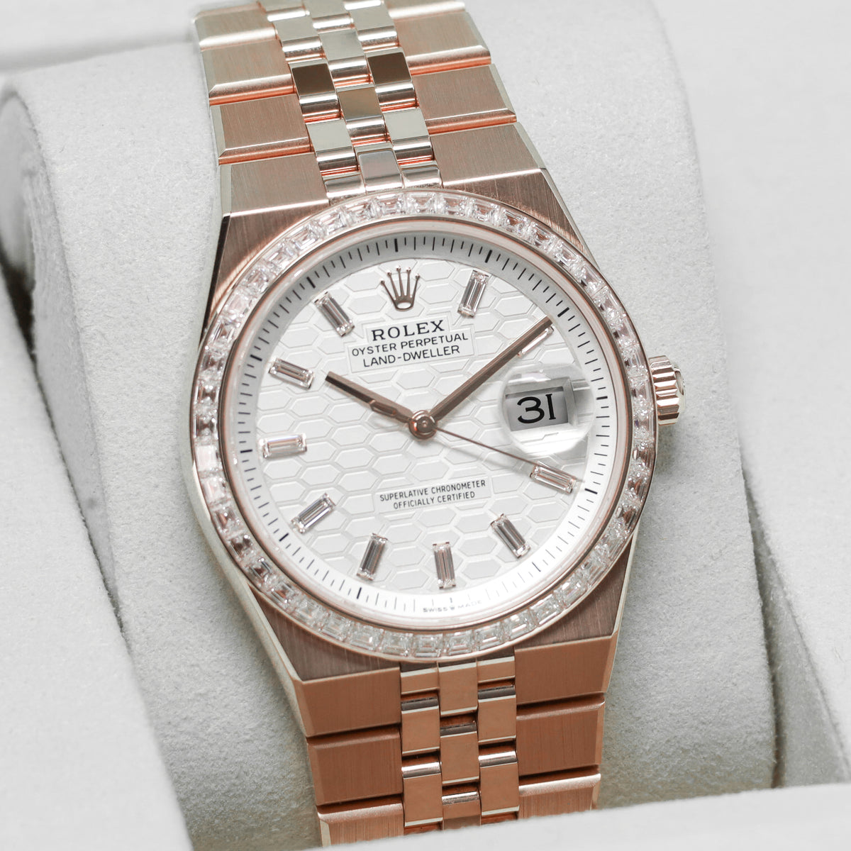 Rolex Land Dweller 2026 Complete 36mm 18k Rose Gold White Honeycomb Baguette Diamond Dial Diamond Bezel Jubilee Bracelet 127285TBR