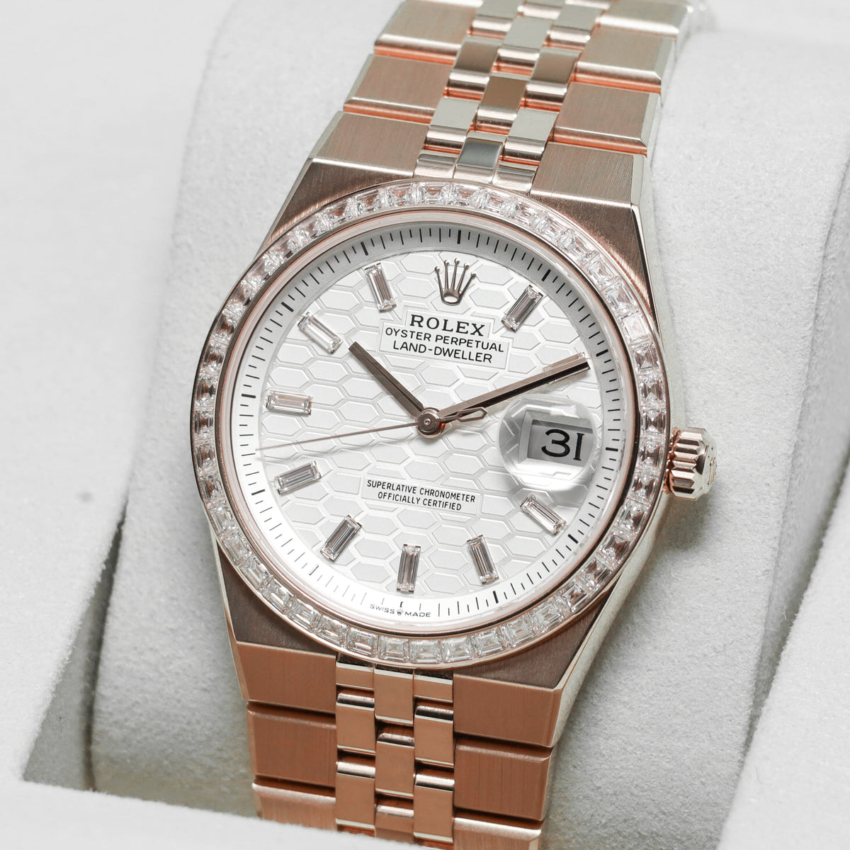 Rolex Land Dweller 2026 Complete 36mm 18k Rose Gold White Honeycomb Baguette Diamond Dial Diamond Bezel Jubilee Bracelet 127285TBR
