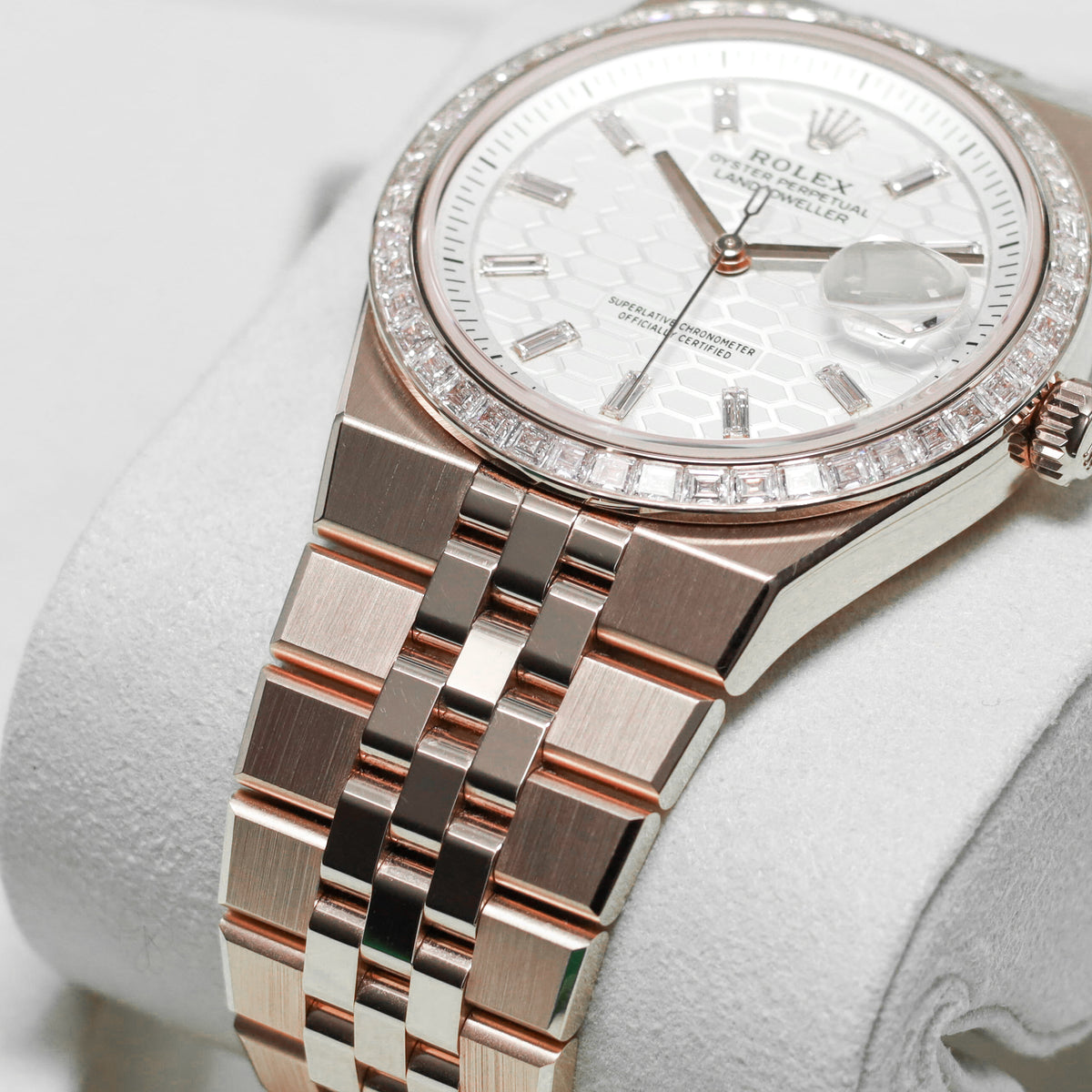 Rolex Land Dweller 2026 Complete 36mm 18k Rose Gold White Honeycomb Baguette Diamond Dial Diamond Bezel Jubilee Bracelet 127285TBR