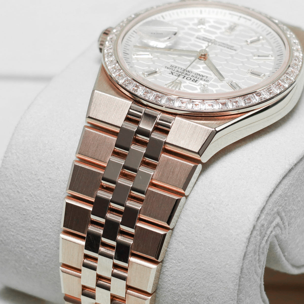 Rolex Land Dweller 2026 Complete 36mm 18k Rose Gold White Honeycomb Baguette Diamond Dial Diamond Bezel Jubilee Bracelet 127285TBR