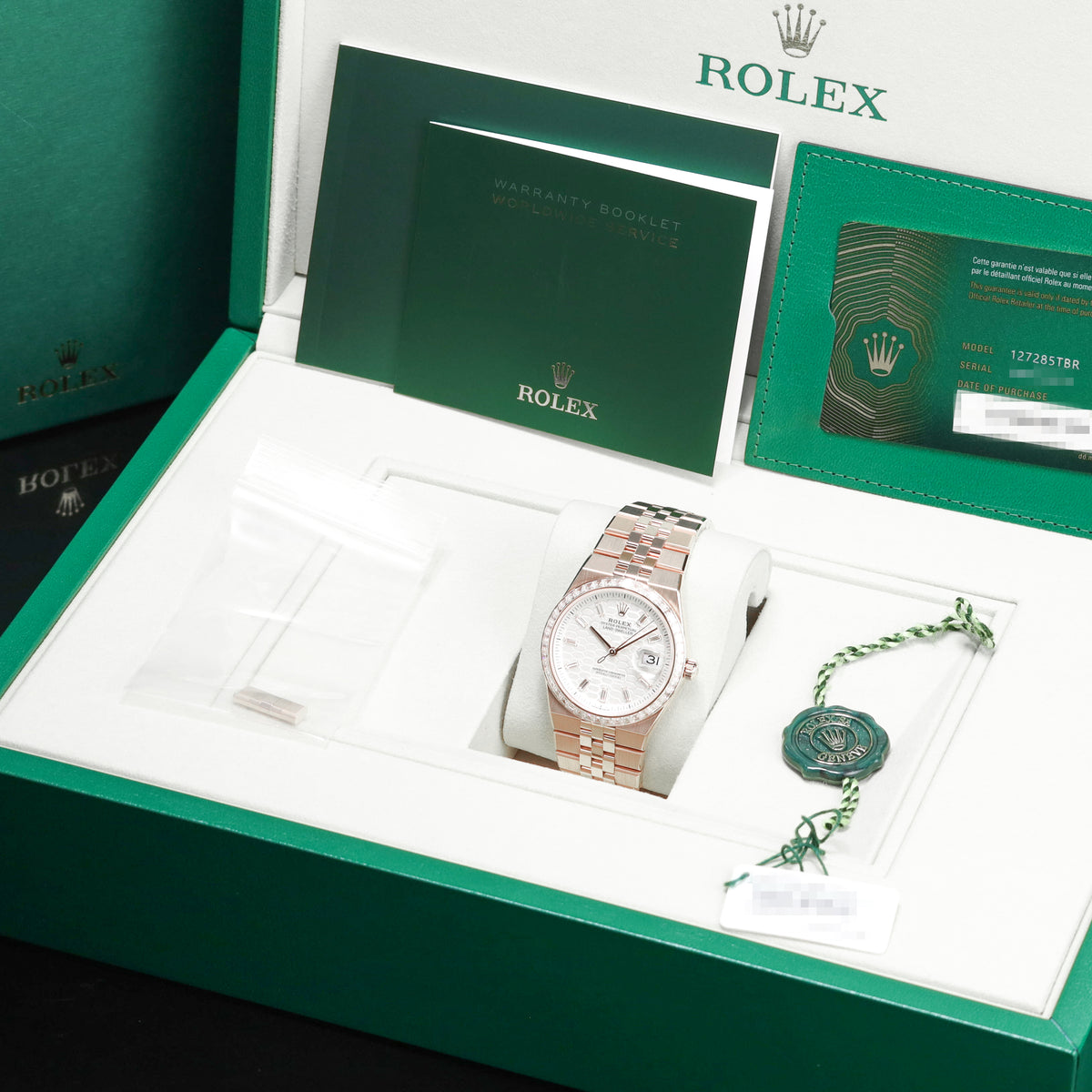 Rolex Land Dweller 2026 Complete 36mm 18k Rose Gold White Honeycomb Baguette Diamond Dial Diamond Bezel Jubilee Bracelet 127285TBR