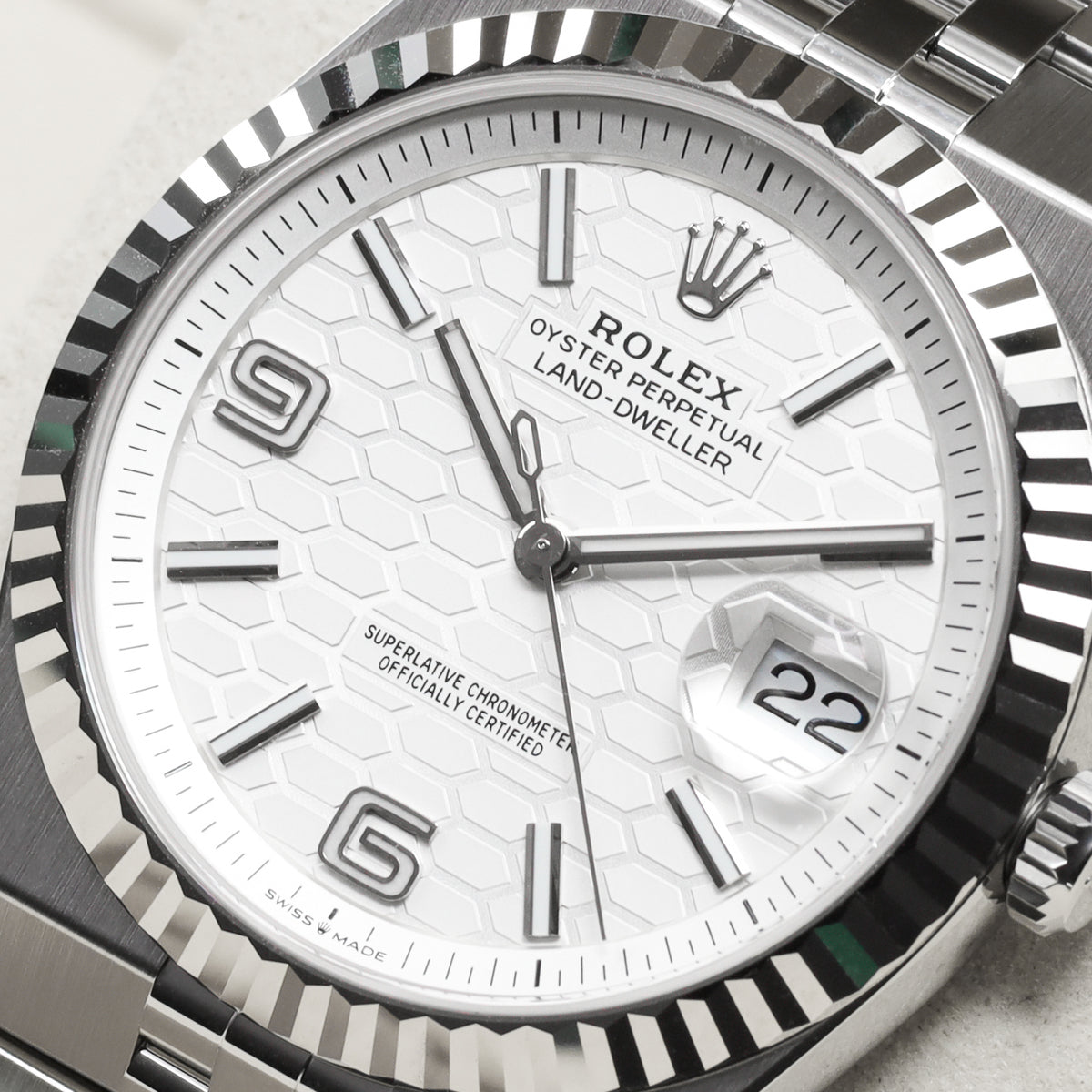 Rolex Land Dweller 2026 Complete 40mm Oystersteel and 18k White Gold Intense White Honeycomb Motif Dial 18k White Gold Fluted Bezel Oystersteel Flat Jubilee Bracelet with Concealed Crownclasp 127334
